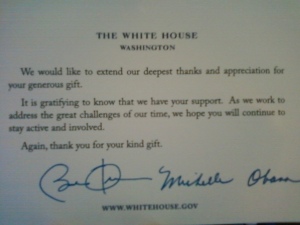 Photo of card sent from White House to Deirdrie LoVerso